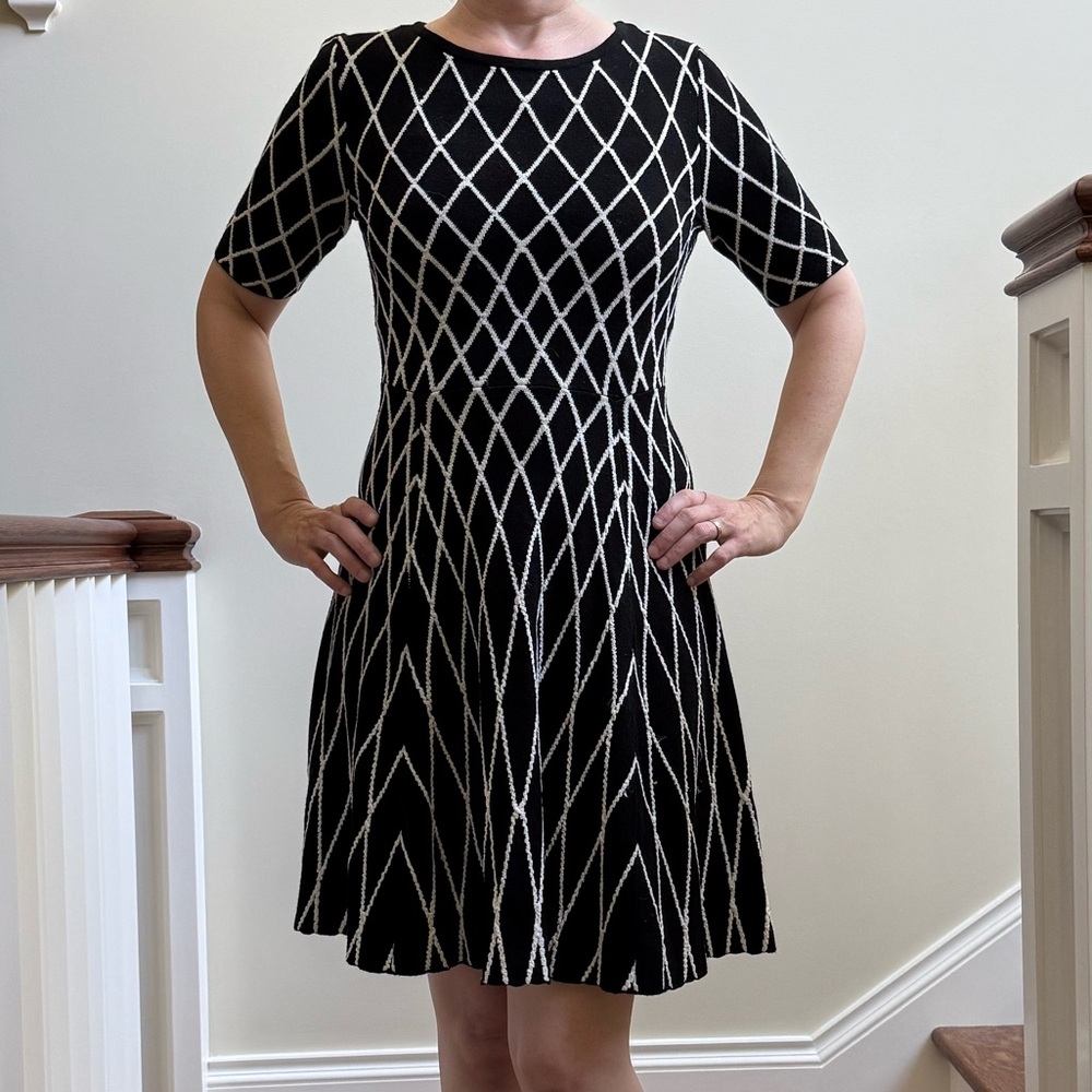 MILLY Geometric Diamond Sweater Dress Fit Flare Knit Feminine Designer Classic S